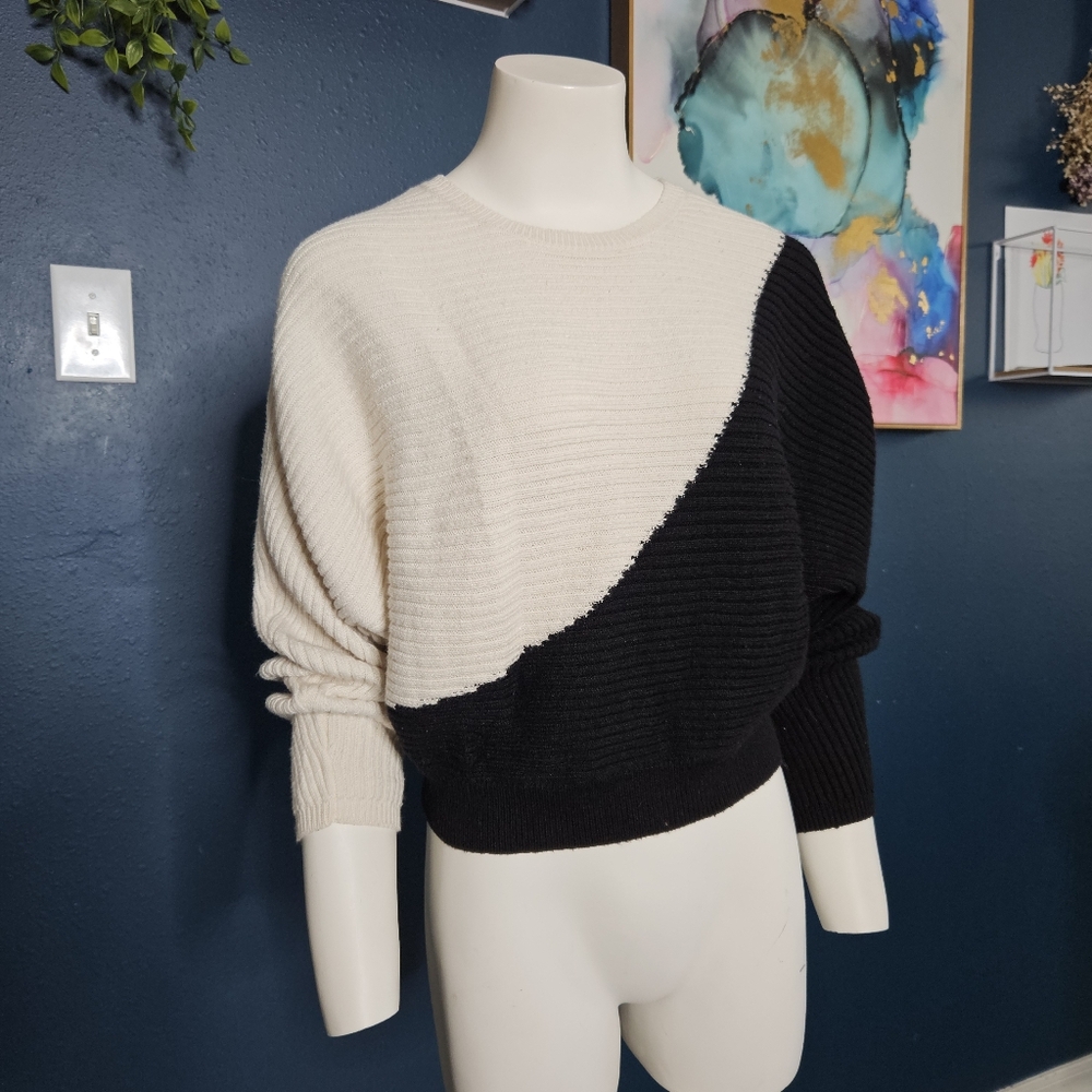 Express Colorblock Ribbed Knit Dolman Sleeve Sweater - size XS - Black, Cream